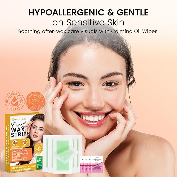 Facial Wax Strips for Hair Removal: Fast Working and Gentle for Face, Eyebrow, Upper Lip, Chin - Hypoallergenic for All Skin Types 50 Waxing Strips with 5 Wipes