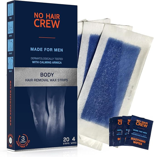 NO HAIR CREW Body Wax Strips – High Performance Wax Strips Made for Men, 20 strips & 4 soothing cleansing wipes