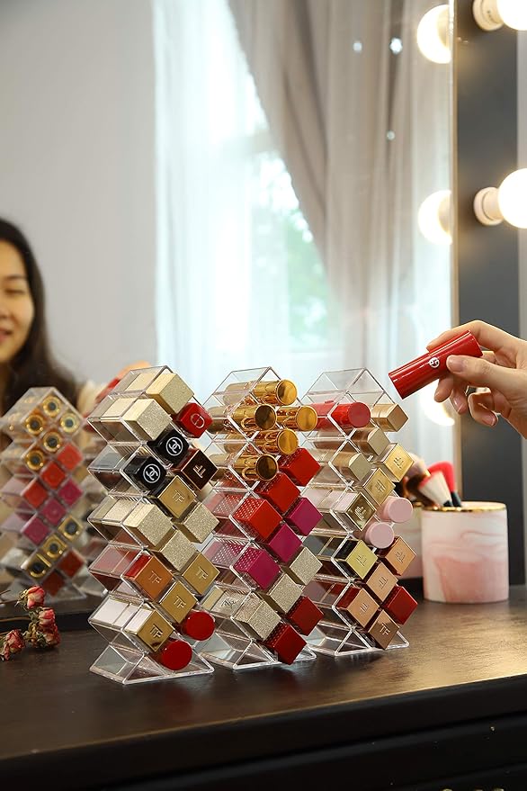 Lipstick Holder Organizer 48 Spaces Acrylic Stackable Fish Shape Lipstick Tower, Lip Gloss Storage Stand, Perfect for Lipgloss Organizers Makeup Vanity Display, Clear (3 Pack)