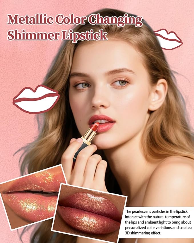 Metallic Rose Color Changing Shimmer Lipstick for Women,3D Shine High Impact Long Lasting Hydrating Transfer Proof Lipstick,Creamy Matte Non Sticky Plumping Lip Gloss,Full Coverage Lip Color Makeup 04
