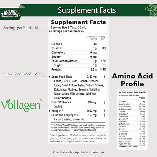 Buried Treasure Green20 Fusion – Superfood Blend with Vollagen for Skin, Hair, and Joint Support, Plant-Based, Vegan, Non-GMO Gluten-Free, Dairy-Free, Soy-Free, 32oz Liquid