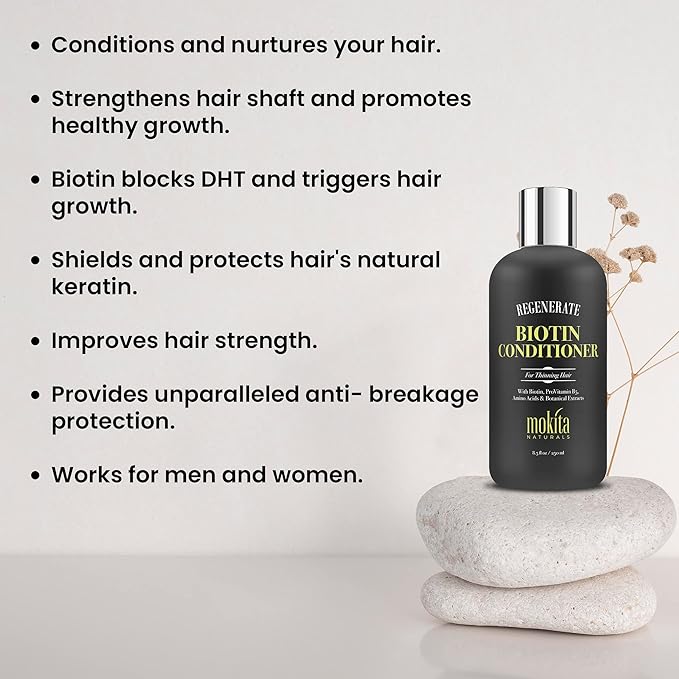 Mokita Naturals Conditioner with Biotin, ProVitamin B5 and Amino Acids for Repair Treatment and Deep Moisturizing for All Hair Types - Detangle, Protect and Support New Hair Growth - 8.5 Ounces