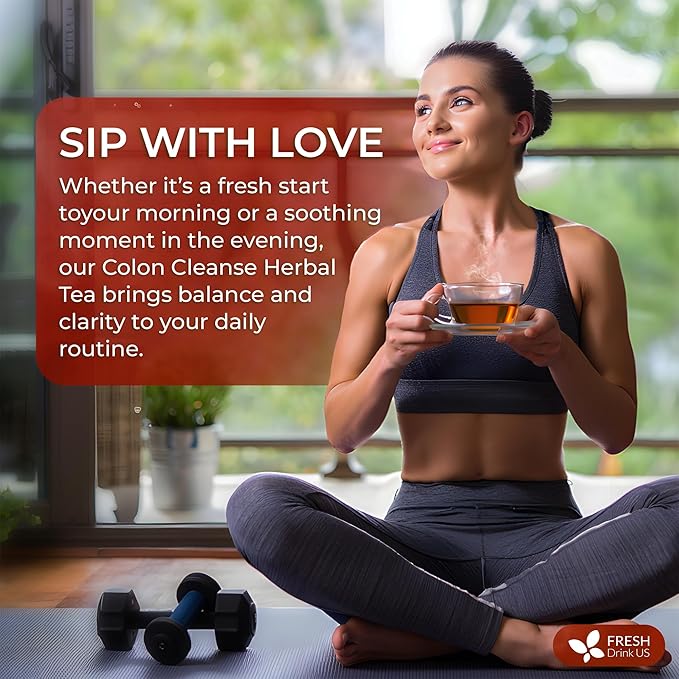 FreshDrinkUS, Premium Colon Cleanse Tea – 60 Tea Bags – Rhubarb Root & Hawthorn Berry with Senna, Lotus Leaf, Valerian Root & Psyllium Husk – Herbal Blend, Caffeine-Free. Vegan