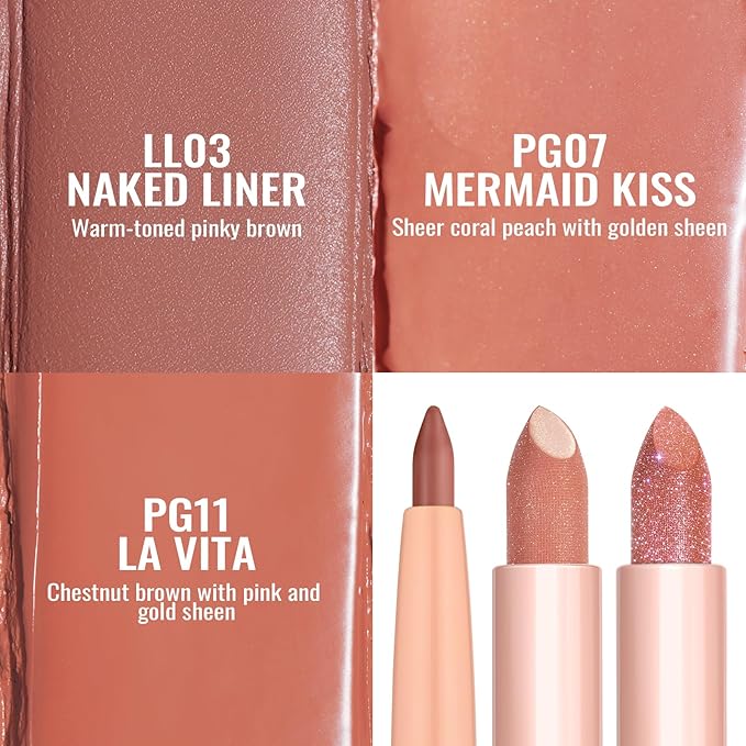 Oulac Lipstick & Lipliner Set 3PCS High Impact Lipcolor with Moisturizing Formula, Vegan Beauty, Full-Coverage Lip Color, Gift Lipstick for Women, LL03+PG07+PG11