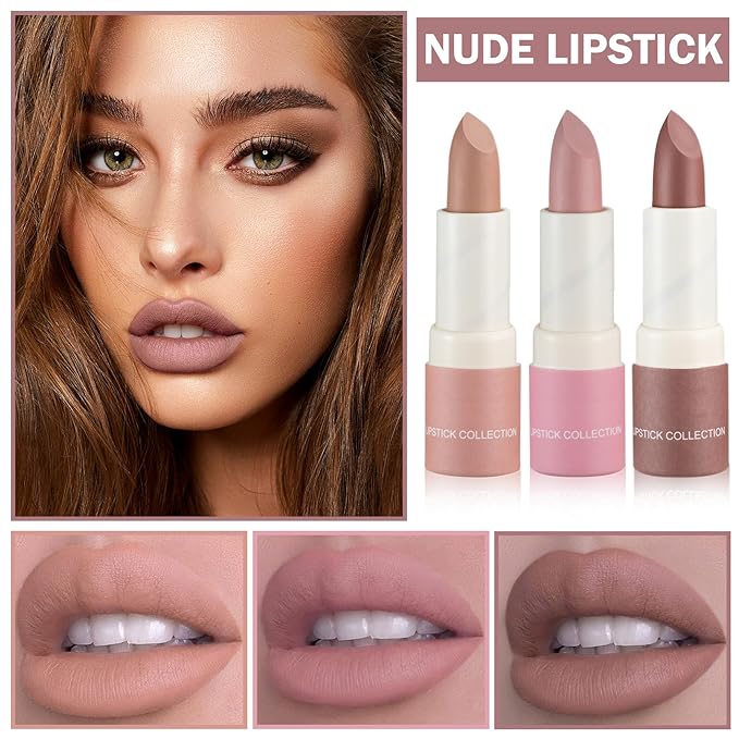 3PCS Matte Nude Lipstick Paper Tube Silky Velvet Lip Gloss Stain Non-Stick Cup, Long Lasting for Women Daily Lip Makeup - Light Pink, Amber