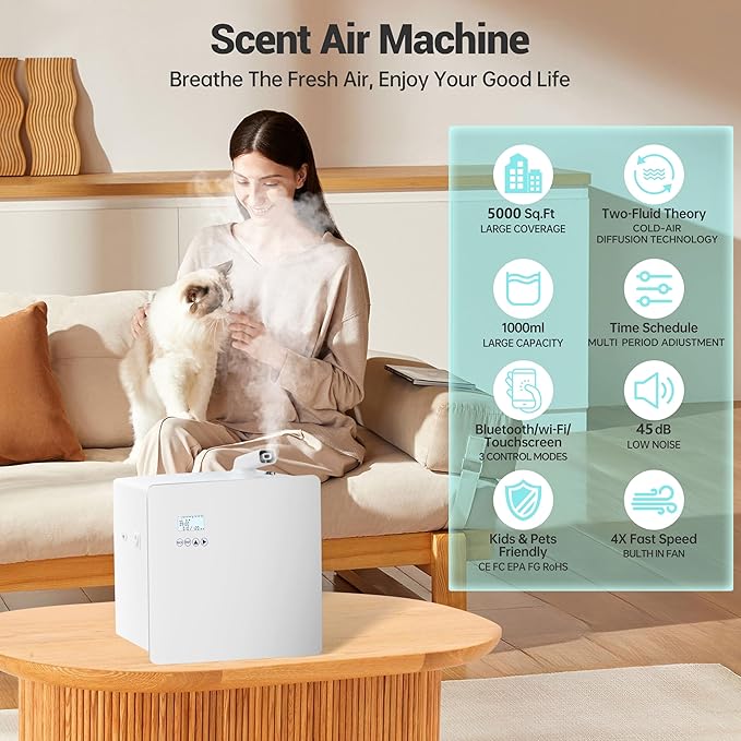 2025 𝐔𝐩𝐠𝐫𝐚𝐝𝐞𝐝 𝟓𝟎𝟎𝟎 𝐒𝐪.𝐅𝐭 1000ml Capacity Waterlesss Essential Oil Diffuser with Wi-Fi Control, Whole House Smart Scent Machine, Cold Air Diffuser Tech for Whole Home, Hotel, Party