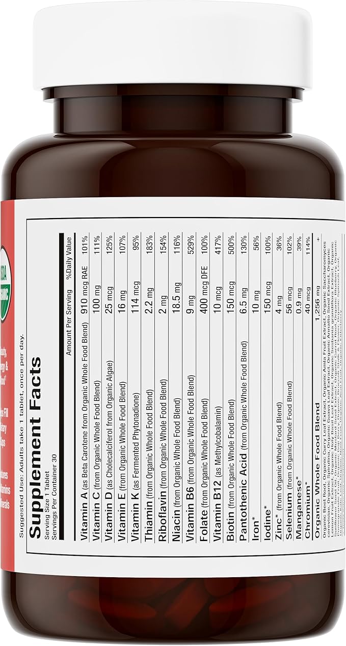 Mama Natural Organic Women's Multivitamin – Whole Food Based, 1 A Day Vegan Tablet – USDA Organic, Non-GMO, Clean Label Multivitamin for Women – 30 Day Supply with Iron & Methylated B12