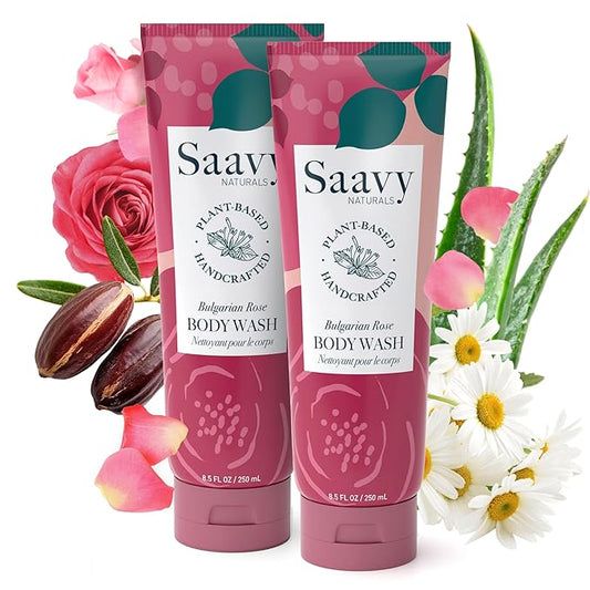 Saavy Naturals Body Wash Bulgarian Rose Plant-Based Ingredients- Made In USA - Sensitive Skin Body Washl Organic Formula With Coconut Oil, Shea Butter, And Aloe Vera - 8.5 Fl Oz, 2 Pack