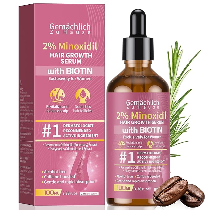 Minoxidil Hair Growth Serum, 2% Minoxidil for Women Topical Solution, Advanced Hair Regrowth Treatment for Thinning Hair Loss, Thicker Fuller Hair, with Biotin Rosemary Caffeine Jojoba Ginseng, 100mL