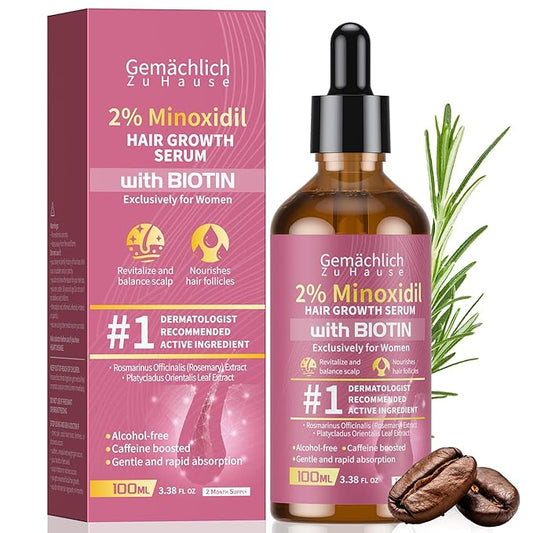 Minoxidil Hair Growth Serum, 2% Minoxidil for Women Topical Solution, Advanced Hair Regrowth Treatment for Thinning Hair Loss, Thicker Fuller Hair, with Biotin Rosemary Caffeine Jojoba Ginseng, 100mL