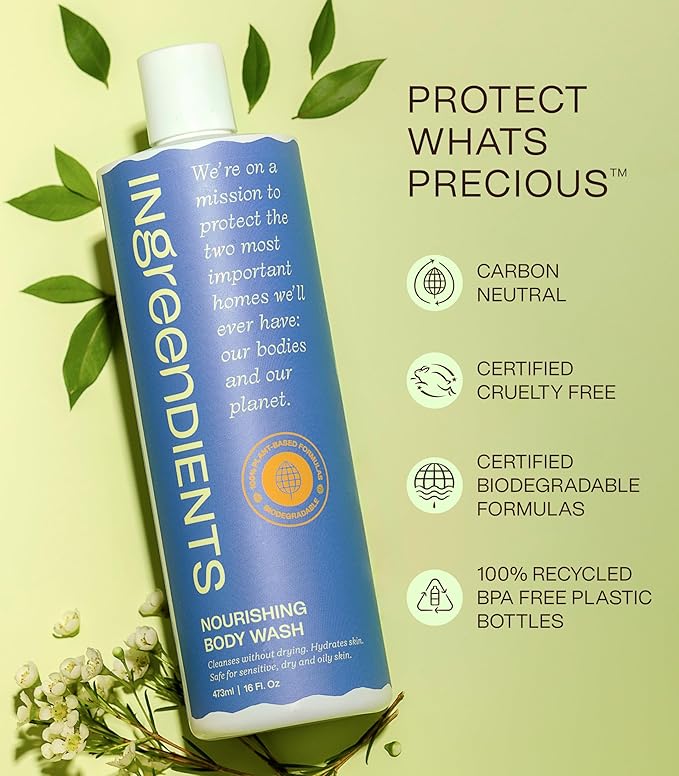 Ingreendients Moisturizing Body Wash For Sensitive, Dry & All Skin Types - pH Balanced, Natural, Organic, Non-Toxic, Vegan, Sulfate-Free, Paraben-Free, Gluten-Free (16 FL. OZ)
