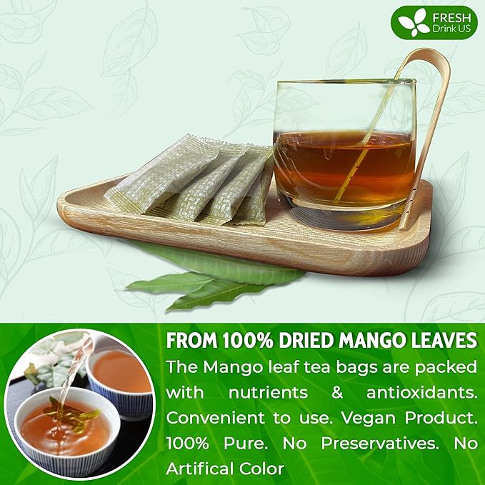 FreshDrinkUS Premium 60 Mango Leaf Tea Bags, 100% Natural & Pure. Loose Leaf Herbal Tea. No Sugar, No Caffeine, No Gluten, Vegan