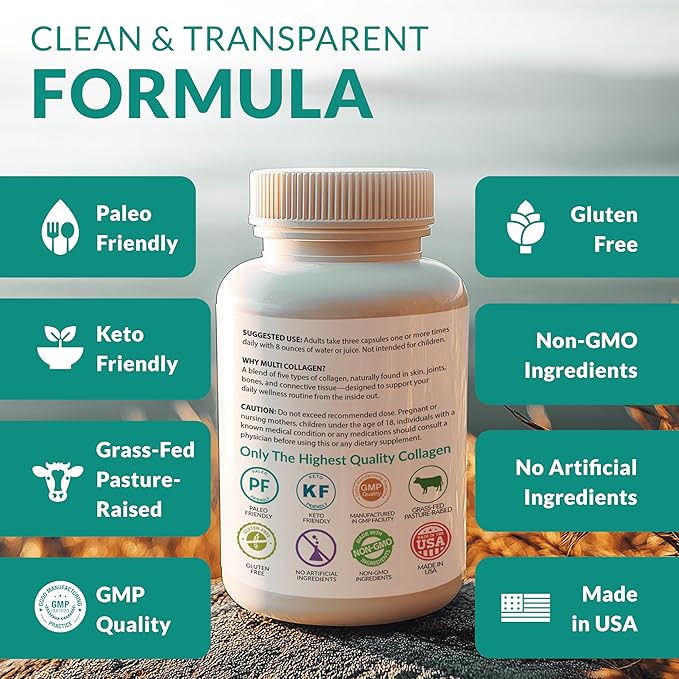 Multi Collagen 180 Protein Capsules - Type I, II, III, V, X Collagen Pills - Proprietary Blend of Eggshell, Chicken, Wild Fish & Grass-Fed Beef Collagen Peptides - 2025mg per serv