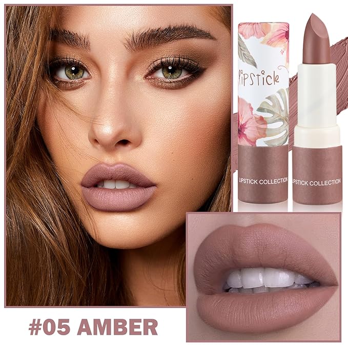 2PCS Matte Nude Lipstick Set Velvet Lip Gloss Nude Lip Stain Paper Tube Lipsticks Non-Stick Cup Waterproof Long Lasting Matte Lipstick for Women Daily Professional Lip Makeup-Amber