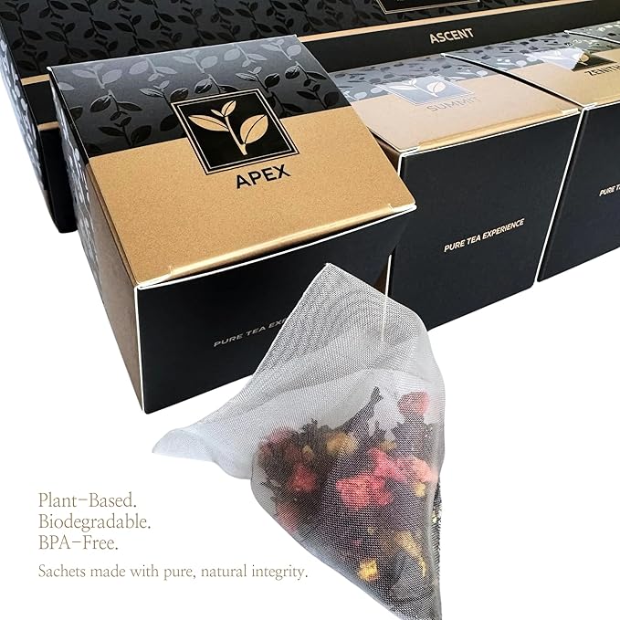 Pure And Easy Tea, Ascent Premium Tea Sampler, 15-Count Variety with 5 Caffeinated Flavors, Natural Loose Leaf Blends in BPA-Free Pyramid Bags, Gift Box, 52.5g