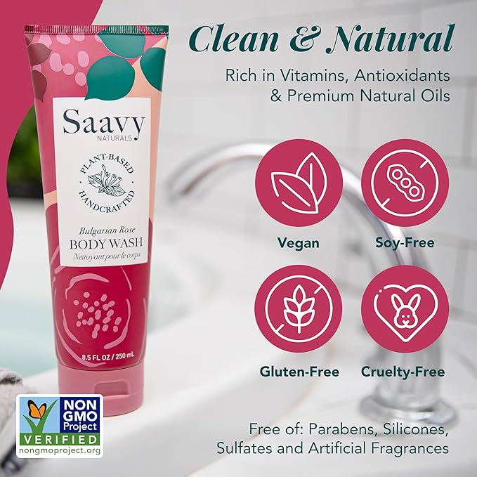 Body Wash Bulgarian Rose Saavy Naturals-Plant-Based Ingredients- Made In USA - Sensitive Skin Body Washl Organic Formula With Coconut Oil, Shea Butter, And Aloe Vera - 8.5 Fl Oz