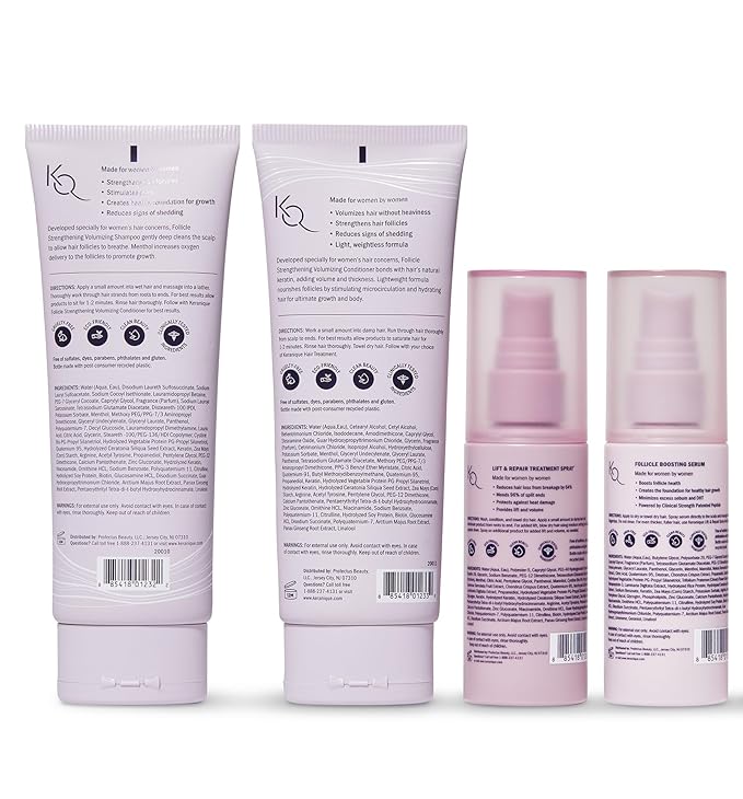 Keranique Hair Products Set for Thinning Hair - Volumizing Shampoo, Conditioner, Follicle Booster Serum, Spray for Fine Texture Boost, and Keratin Repair for Women