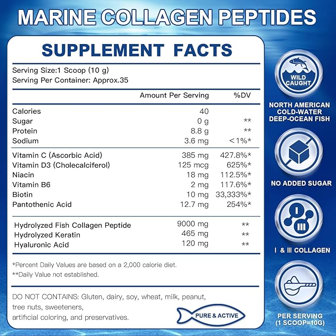 ZEBORA Marine Collagen Peptides Powder with Hyaluronic Acid, Keratin - Wild Caught Hydrolyzed Fish Collagen with Multivitamins - Support Skin Hair Nail, Keto Friendly, 35 Servings