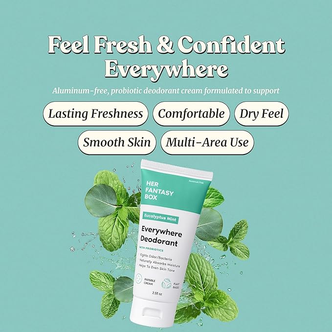 Her Fantasy Box | Everywhere Deodorant | with Probiotics - Mint Scent | Aluminum-Free, Naturally Absorbs Moisture | Fights Odor & Bacteria | Skin-Improving Formula