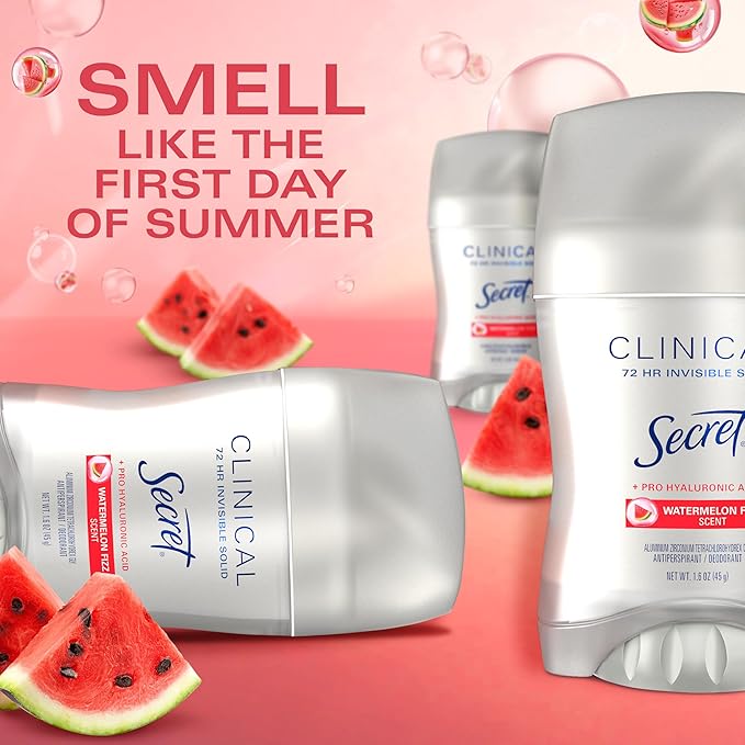 Secret Clinical Strength Antiperspirant Deodorant for Women, 3X Stress Protection, 72hr Sweat & Odor Protection, Pro-Hyaluronic Acid, Invisible Solid, Watermelon Summer Fizz Scent, 1.6 oz