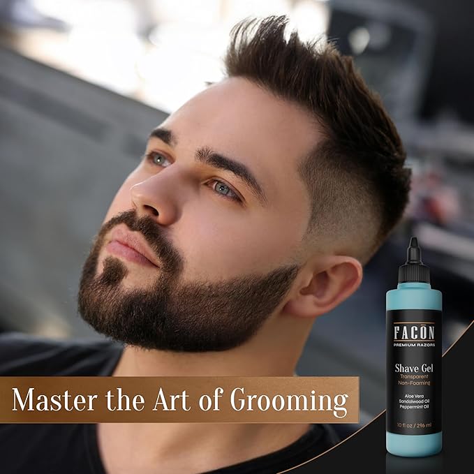 Facón Transparent Shaving Gel for Men w/Aloe Vera, Cooling Menthol, Peppermint & Sandalwood Oil Scent – Clear Non Foaming Straight Razor Shave Gel, Barber Shaving Gel to Prevent Razor Bumps, 10 fl oz