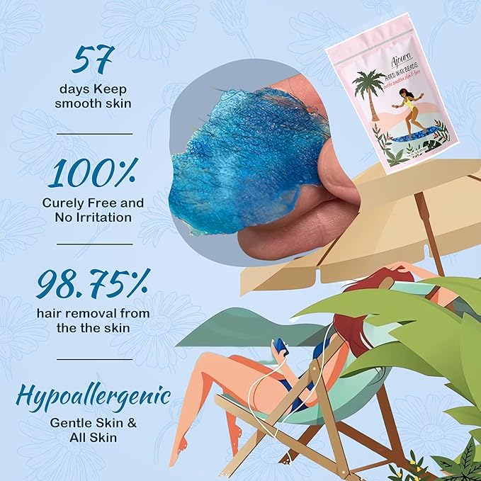 Ajoura 1lb Hard Wax Beads for Hair Removal, Chamomile Wax Beans for Full Body, Brazilian, Bikini Waxing, Face, Eyebrows, Underarms, Arms, Chest, Back, Legs, Home Refill wax for Wax Warmer Kit (Blue)