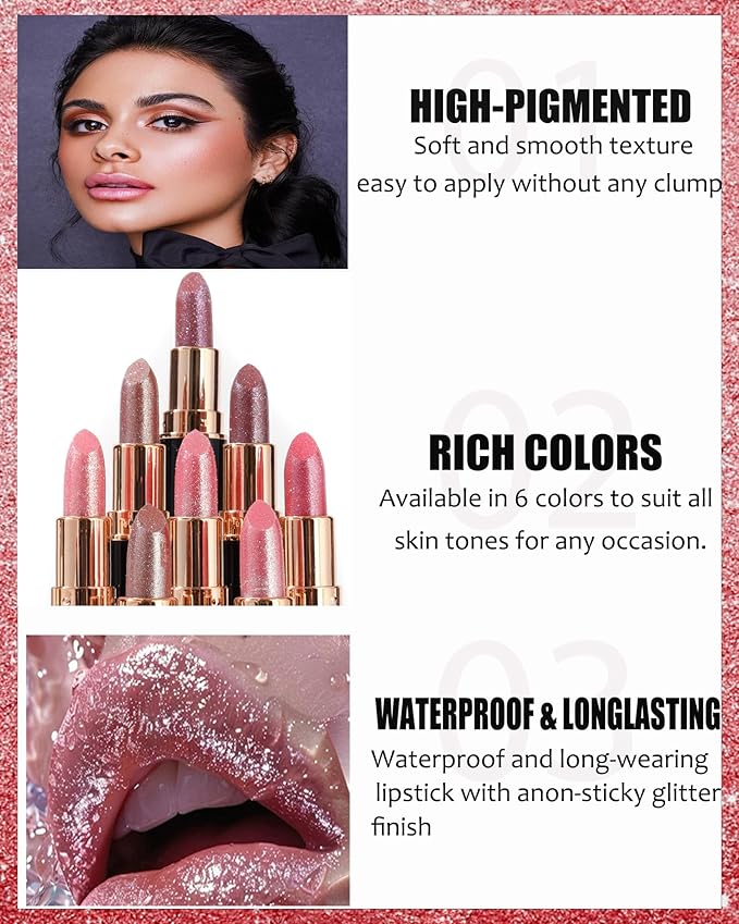 Nude Pink Metallic Glitter Lipstick Long Lasting, Diamond Shimmer Lip Gloss High Pigmented Lip Red Color Matte Lip Stick for Women, Sparkling Shiny Transfer Proof Non Stick Tinted Lip Balm Makeup-01