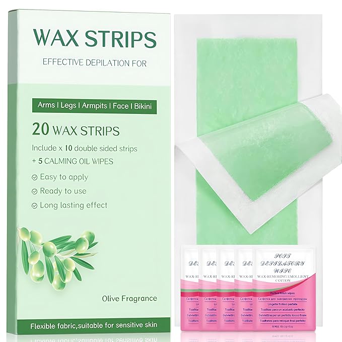 Wax Strips - Body Waxing Strips, Wax Kit for Women & Men - Brazilian Wax Kit, Back Waxing Kit, All Skin Types, Face, Arms, Legs, Armpits, Bikini, 98% Natural, Hypoallergenic Odourless, Green