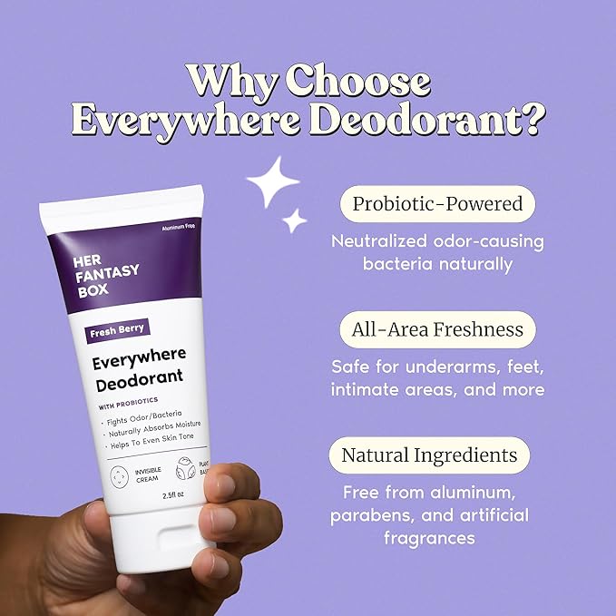 Her Fantasy Box | Everywhere Deodorant | with Probiotics - Berry Scent | Aluminum-Free, Naturally Absorbs Moisture | Fights Odor & Bacteria | Skin-Improving Formula
