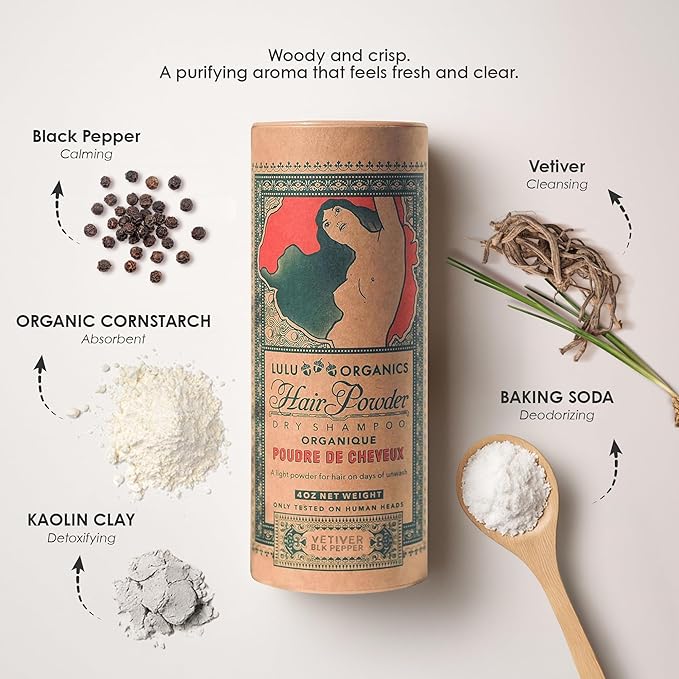 Non-aerosol Dry Shampoo Powder for Dark, Blonde and Oily Hair, Natural Body Powder for Women and Men, Paraben, Talc free No White Cast Synthetic Fragrance, Vetiver and Black Pepper - 4oz