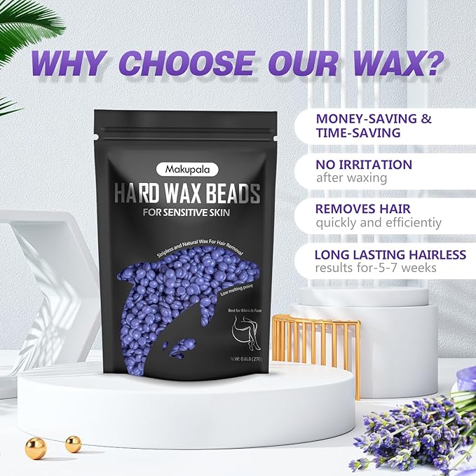 Brazilian Wax Beads 0.6lb for Sensitive Skin, Lavender Scented Hard Wax Beans for Coarse and Fine Hair Removal on Face, Bikini, Body, Professional Stripless Salon & Home Kit Refill