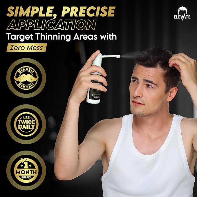 Elevate Hair Regrowth Treatment 5% Minoxidil Spray for Men - Clinically Proven Formula Fast Absorbing for Hair Loss and Growth Unscented Topical Hair Spray for Thinning & Balding Hair - Made in USA