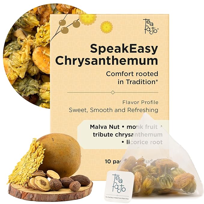 Tea Facto Speak Easy* Chrysanthemum Tea Bags with Licorice Root, Mulva Nuts Monk Fruit - Natural Fiber, No Added Sugar, No Caffeine - 10 Count