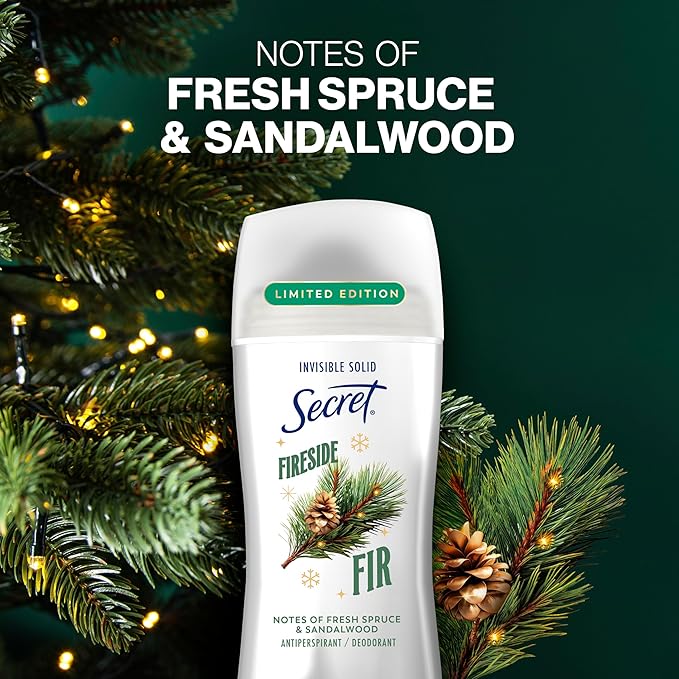 Secret Fresh Antiperspirant Deodorant for Women, 72hr Breathable Odor Protection with Pro-Hyaluronic Acid, Holiday Invisible Solid, Fireside Fir with Fresh Spruce & Sandalwood Scent, 2.6 oz