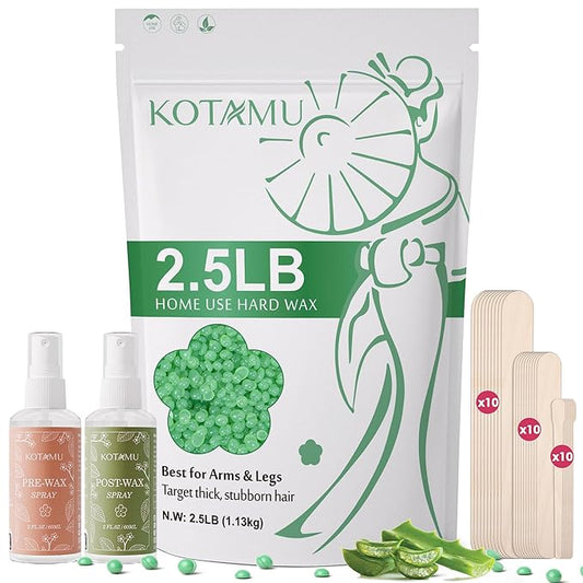 KOTAMU Waxing Beads for Women & Men, 2.5lb Hard Wax Beads for Hair Removal, Aloe Vera Wax Beans Bulk with 30 Wax Sticks Suitable for Sensitive Skin,Arm,Leg,Thick,Stubborn Hair,Home & Salon Waxing