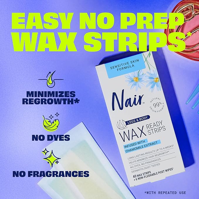 Nair Sensitive Hair Remover Mess-Free Wax Ready Strips, Legs and Body Easy Hair Removal Wax Strips for Sensitive Skin, Chamomile Extract, Dermatologist Tested, Plus 6 Post Wipes, 40 Count (Pack of 2)