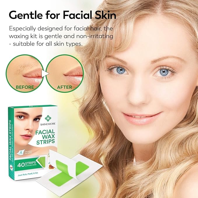 ShineMore Facial Wax Strips for Hair Removal - Hypoallergenic for All Skin Types - Gentle and Fast-Working for Face, Eyebrow, Upper Lip, and Chin (40 Strips + 4 Calming Oil Wipes NATURE Ingredients)