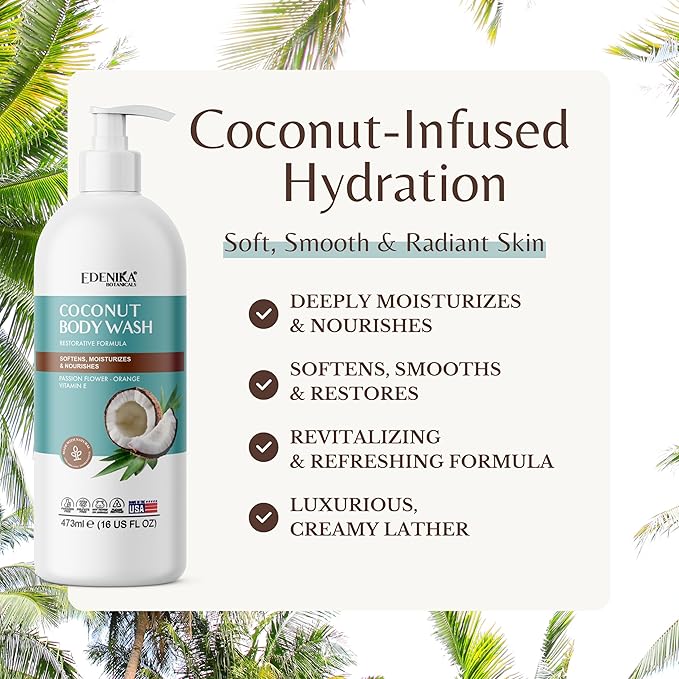 Coconut Body Wash, Cleans, Softens & Nourishes, Ultra Moisturizing Shower Gel for Dry and Sensitive Skin, Women & Men, Organic & Natural, 16 fl oz, 2-Pack