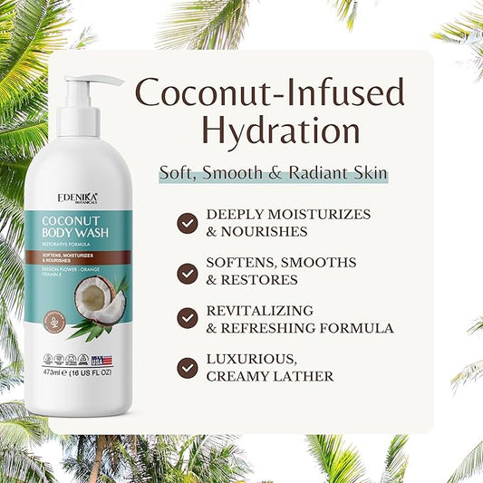 Coconut Body Wash, Cleans, Softens & Nourishes, Ultra Moisturizing Shower Gel for Dry and Sensitive Skin, Women & Men, Organic & Natural, 16 fl oz, 2-Pack