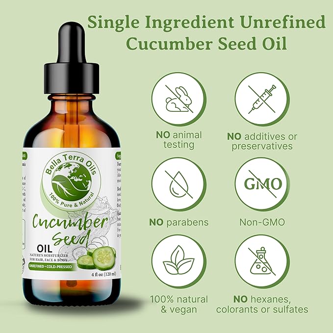 Bella Terra Oils - Cucumber Seed Oil 16oz - A Tribute to Cucumber's Vitality, Packed with Silica & Tocopherols, An Essential for Radiant Skin