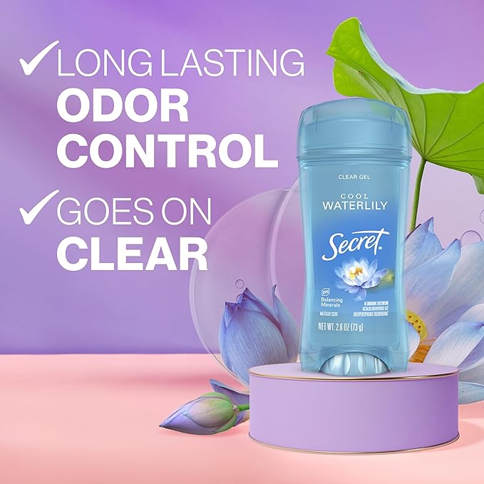 Secret Fresh Antiperspirant Deodorant for Women, 48hr to 72hr Breathable Sweat & Odor Protection, Instant Freshness & Gentle, PH Balancing Minerals, Clear Gel, Cool Waterlily Scent, 2.6 oz