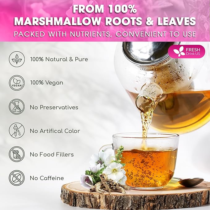 FreshDrinkUS, Premium 55 Marshmallow Root and Leaf Tea Bags, 100% Natural & Pure. Loose Leaf Marshmallow Herbal Tea. Made with Eco-Conscious Tea Bags. No Sugar, No Caffeine, No Gluten, Vegan.