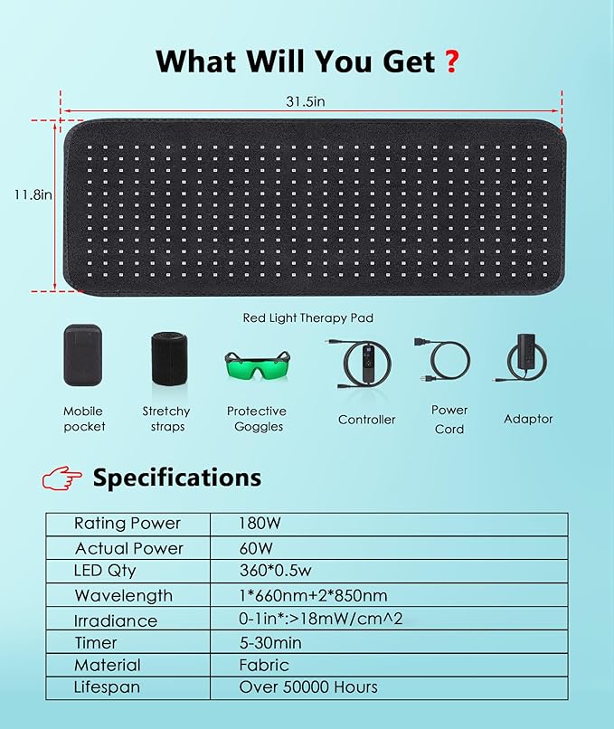 Red Light Therapy Pad for Body, 60W LED Red & Infrared Light Device Mat with 660nm & 850nm Wavelengths for Waist Back Shoulder Muscle Pain Relief FSA Eligible
