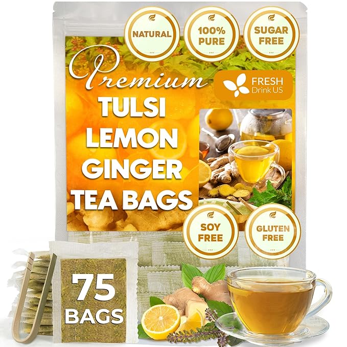 FreshDrinkUS, Premium 75 Tulsi Lemon Ginger Tea Bags, 100% Natural & Pure from Tulsi Holy Basil Leaves, Lemon and Ginger. Made with Natural Material Tea Bags. No Sugar, No Caffeine, Vegan.
