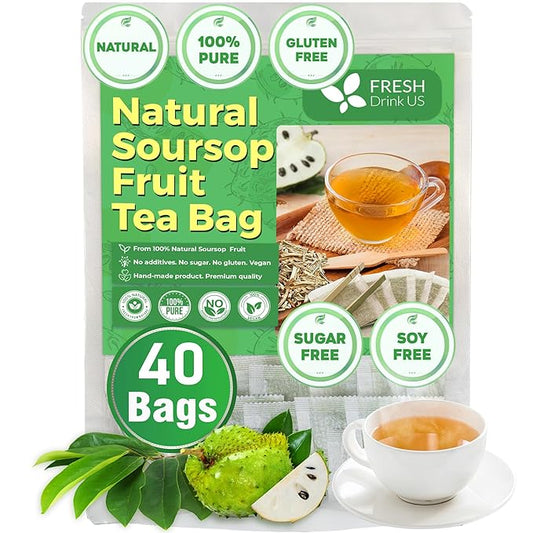FreshDrinkUS, 40 Premium Soursop Graviola Fruit Tea Bags, 100% Natural and Pure from Soursop Fruits, Made With Natural Materials-Corn Fiber Tea Bag, Sugar/Caffeine/Gluten Free, Hoja Guanabana Tea