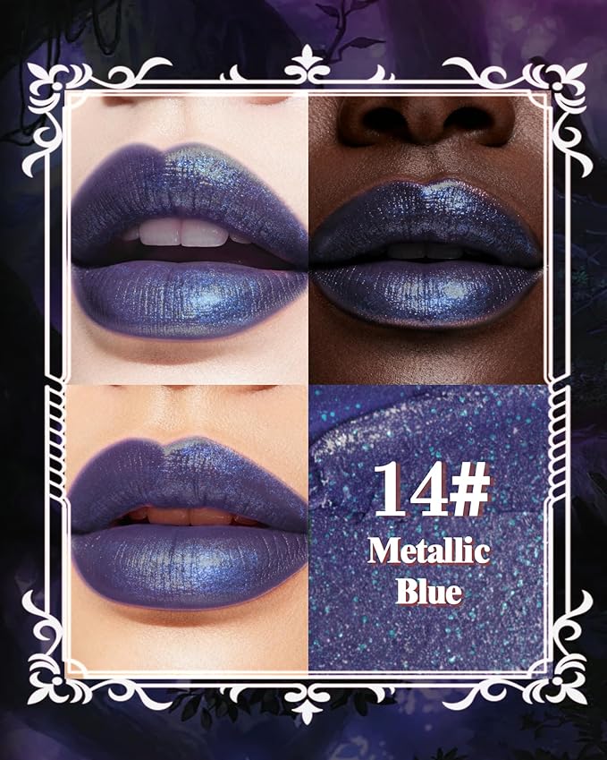 Glitter Metallic Shimmer Lipstick, Blue Lipstick Long Lasting, Diamond High Pigmented Shiny Metallic Lip Stick, Non-sticky Sparkly Lipsticks for Women Christmas Makeup-14 Blue