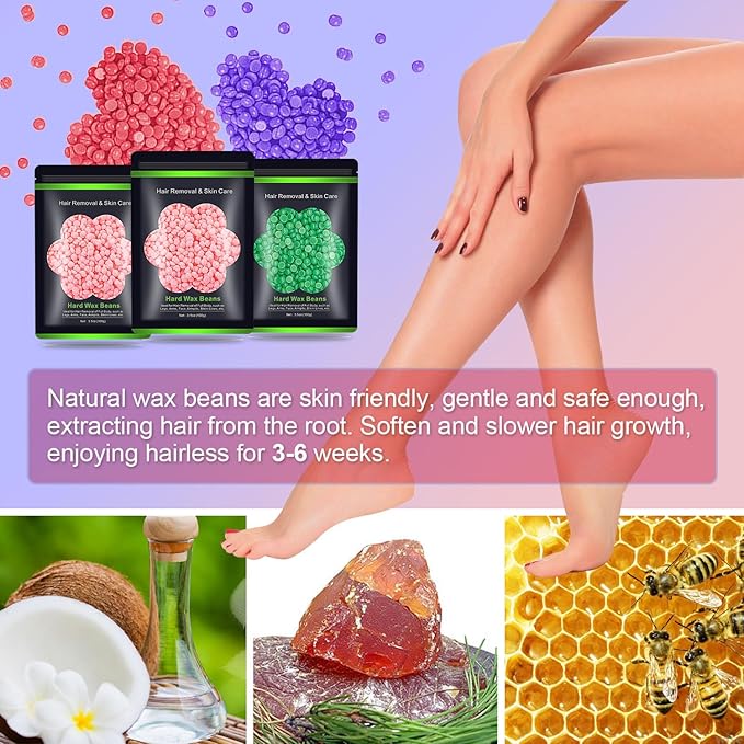 Wax Beads for Hair Removal 10.5oz (300g), Auperwel Hard Wax Beads Beans for Sensitive Skin Brazilian Waxing, Face, Bikini, Eyebrow, Legs, Painless for Women Men, 3 packs Kit with 10 Sticks