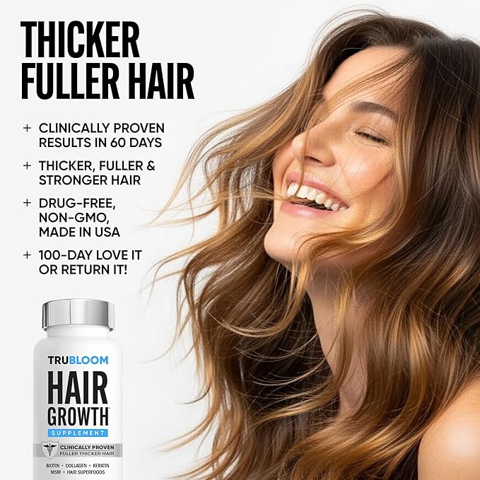 Tru Bloom Hair Growth Vitamins - 2 Month Supply. Clinically Proven to Grow Fuller, Thicker Hair. Drug-Free with Biotin, Collagen, Keratin, MSM, Zinc, D3 + Hair Superfoods