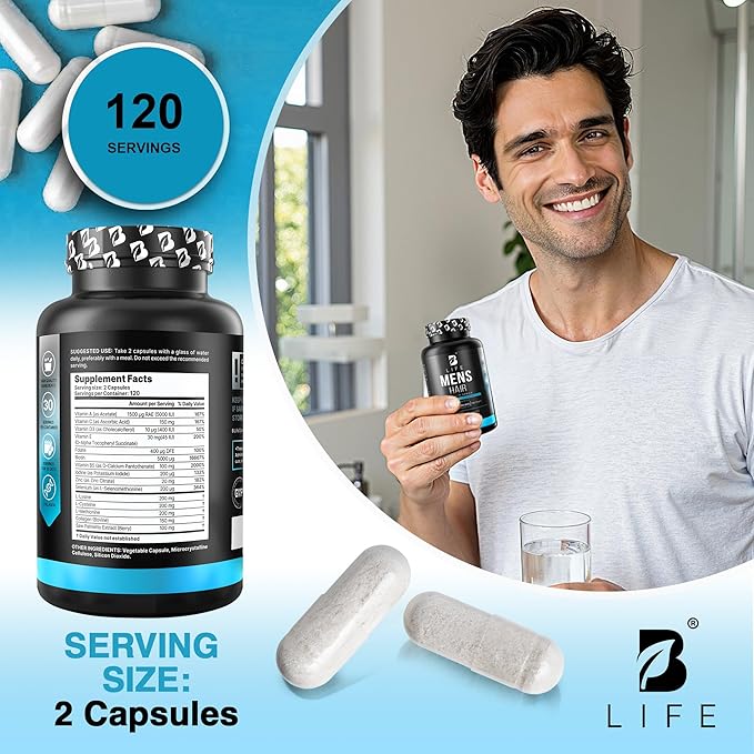 Men’s Hair Growth Supplement – Biotin & Collagen Hair Vitamins for Men – Thicker, Fuller Hair, Nail & Scalp Support – Hair Loss Supplement with Zinc, Selenium & Vitamins A C D E – 240 Capsules
