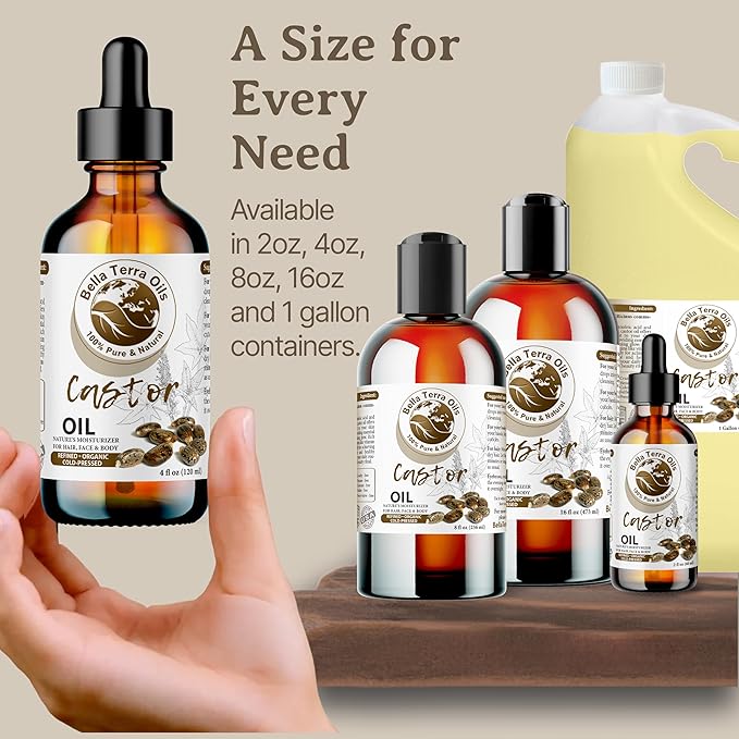 Bella Terra Oils - Organic Castor Oil 2oz Glass Bottle - Pure & Cold-Pressed, Rich in Stearic Acid for Skin & Hair Care